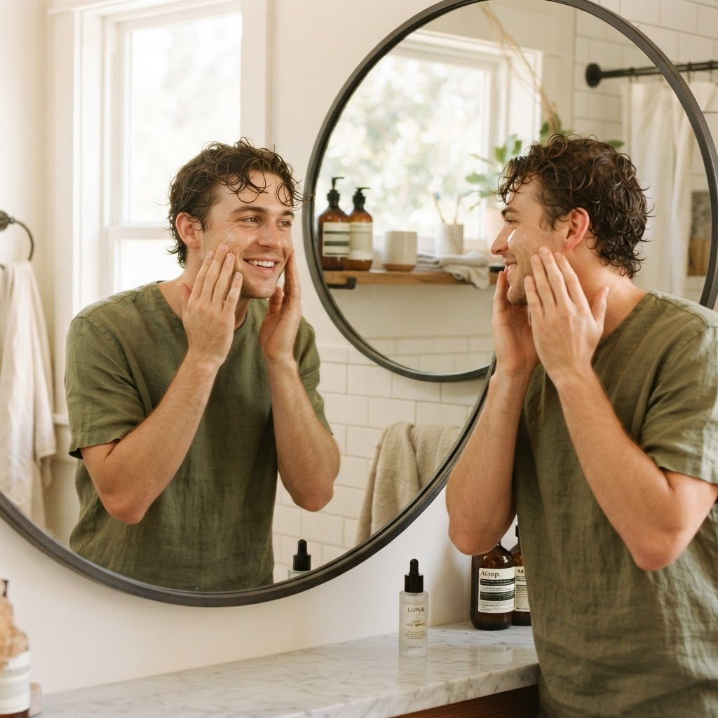 Aplicando skincare frente al espejo