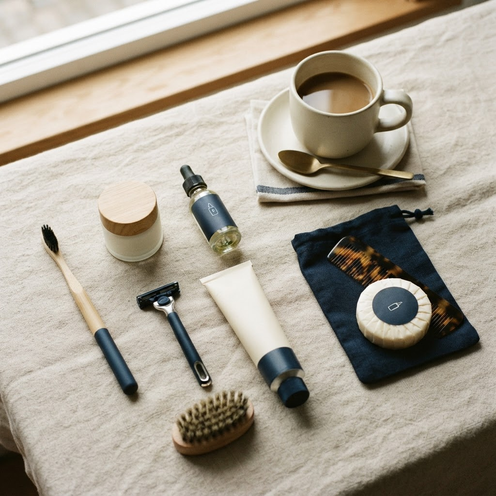 Flat lay de productos de grooming